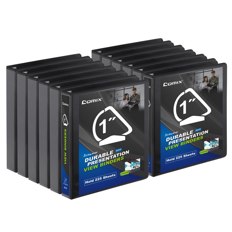 Comix D-Ring Basic View Binder 1 inch 3 Ring Binders, 2.4mm-Thick, Hold 225 Sheets of 8.5" x 11" Paper, 12 Pack (Black) - Image 1